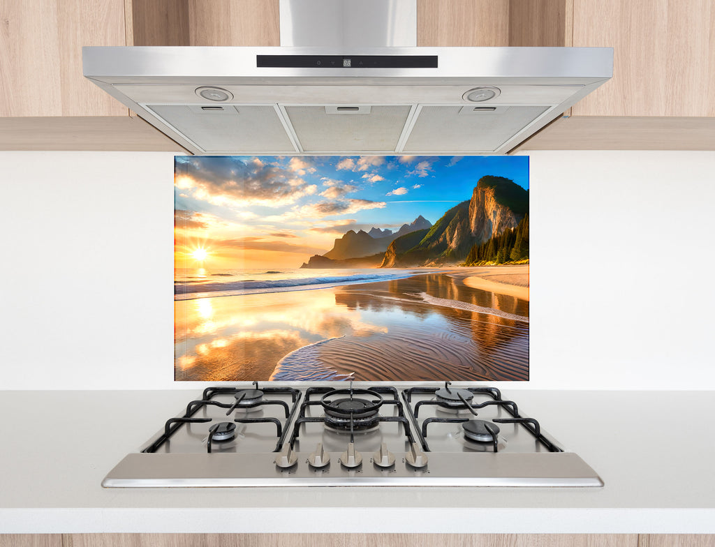 Majestic Mountain Beach Sunset Wall Art – Tempered Glass Kitchen Backsplash-BacksplashArtworks
