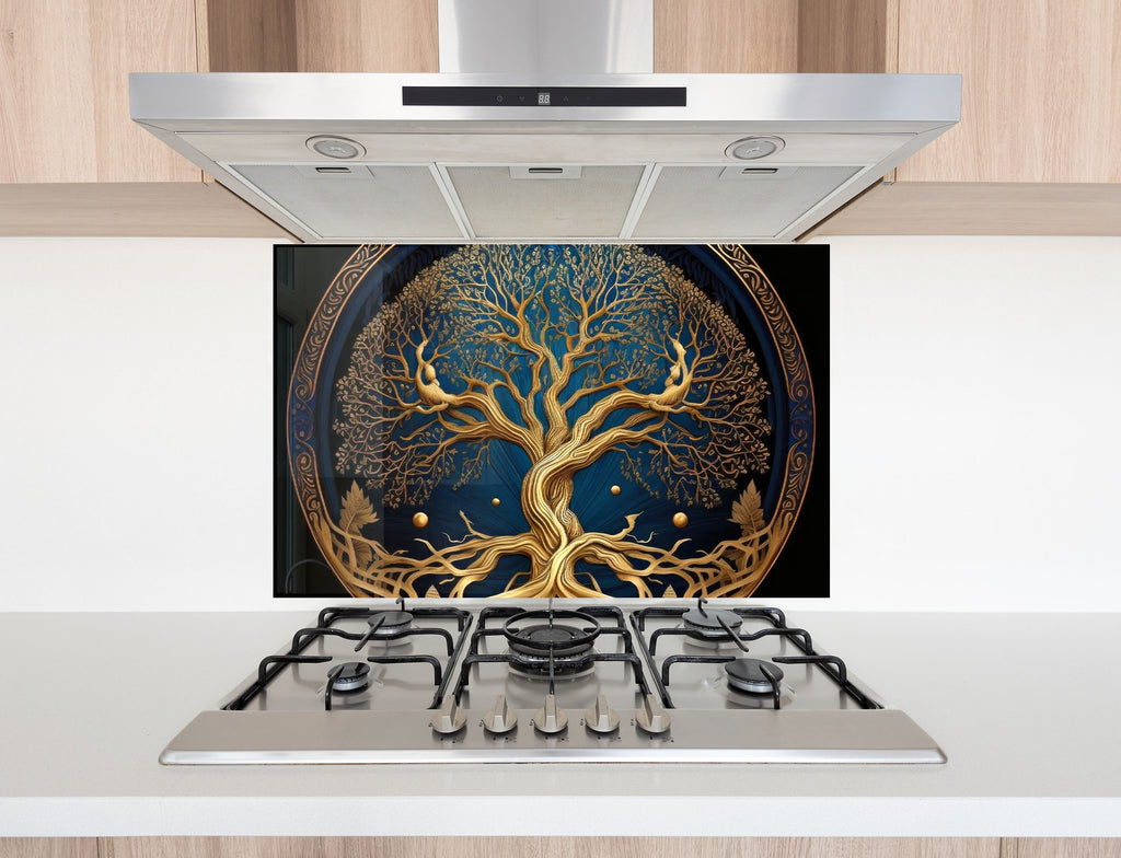 Golden Tree of Life - Tempered Glass Kitchen Backsplash-BacksplashArtworks