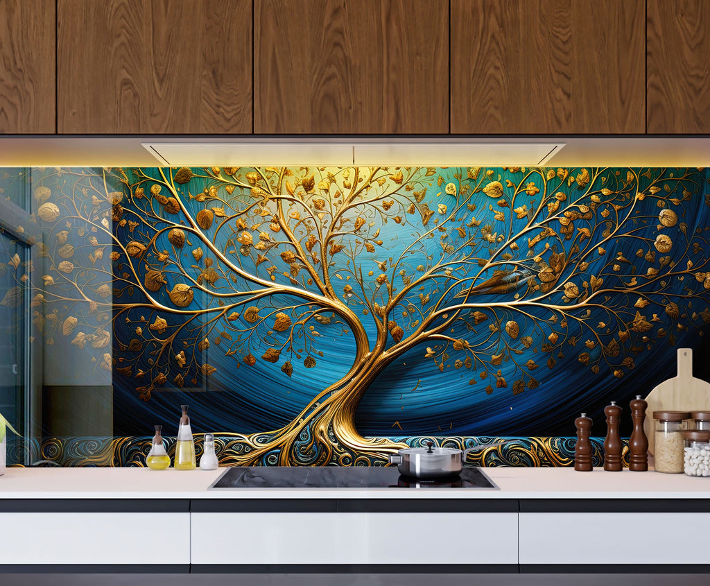 Gold & Blue Tree of Life - Glass Kitchen Backsplash-BacksplashArtworks
