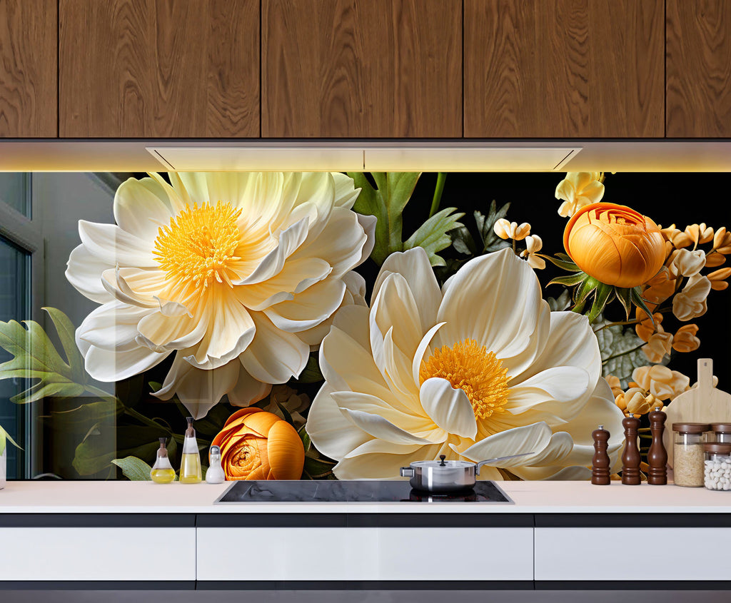 Golden Bloom Elegance - Glass Kitchen Backsplash-BacksplashArtworks