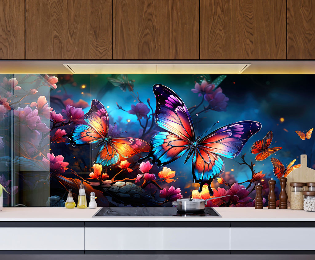 Purple Butterfly - Tempered Glass Kitchen Backsplash-BacksplashArtworks