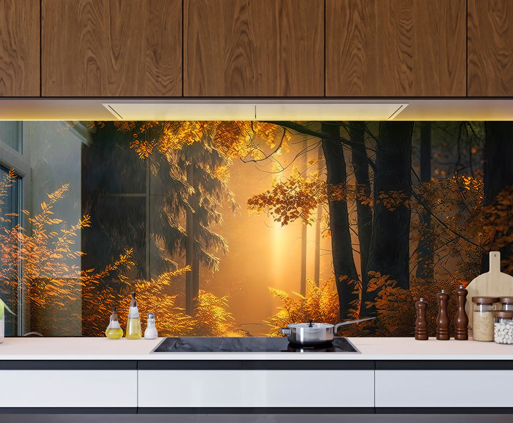 Golden Forest Glow Wall Art - Tempered Glass Kitchen Backsplash-BacksplashArtworks