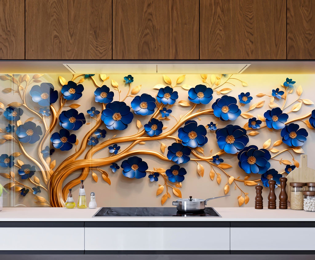 Golden Sapphire Blossom - Glass Kitchen Backsplash-BacksplashArtworks