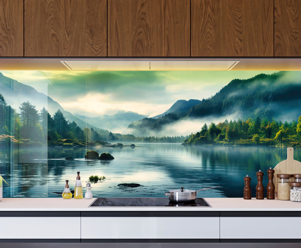 Misty Mountain Lake Wall Art - Tempered Glass Kitchen Backsplash-BacksplashArtworks