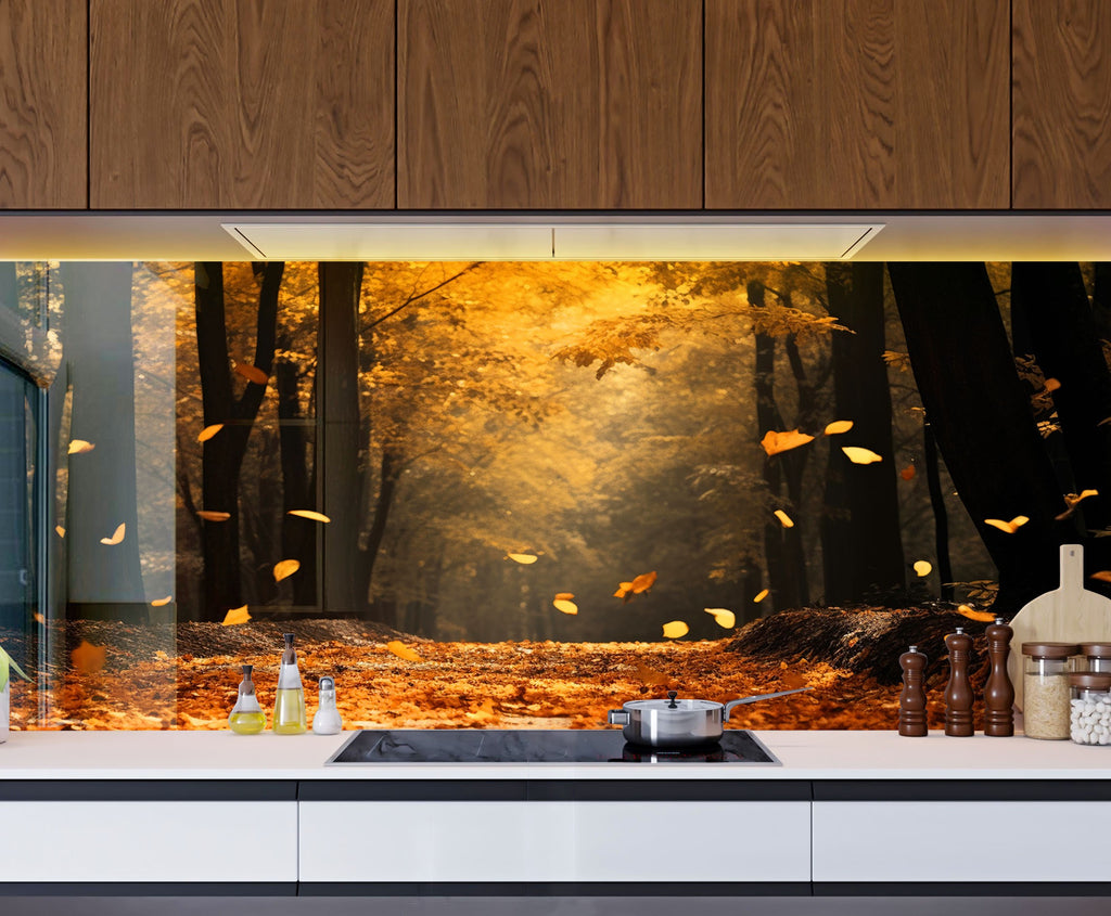 Golden Autumn Path Wall Art - Tempered Glass Kitchen Backsplash-BacksplashArtworks