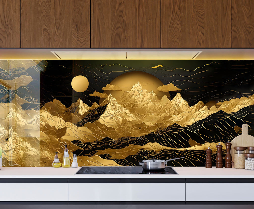 Golden Mountain Elegance Wall Art - Tempered Glass Kitchen Backsplash-BacksplashArtworks