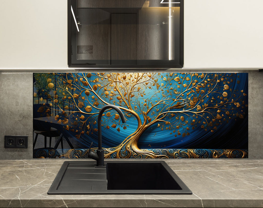 Gold & Blue Tree of Life - Glass Kitchen Backsplash-BacksplashArtworks