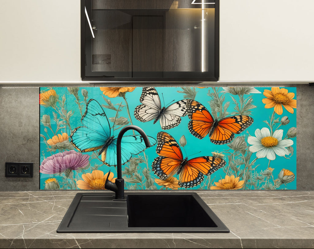 Butterfly Floral - Glass Kitchen Backsplash-BacksplashArtworks