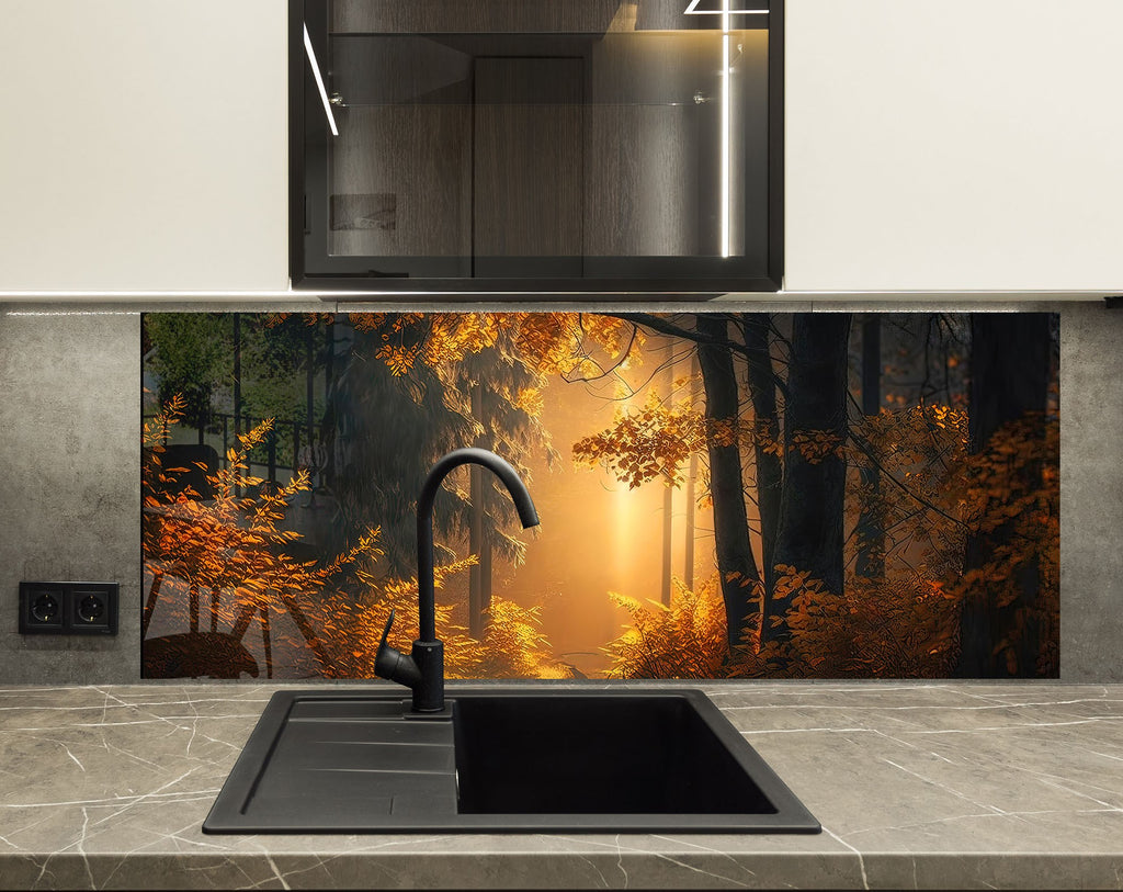 Golden Forest Glow Wall Art - Tempered Glass Kitchen Backsplash-BacksplashArtworks