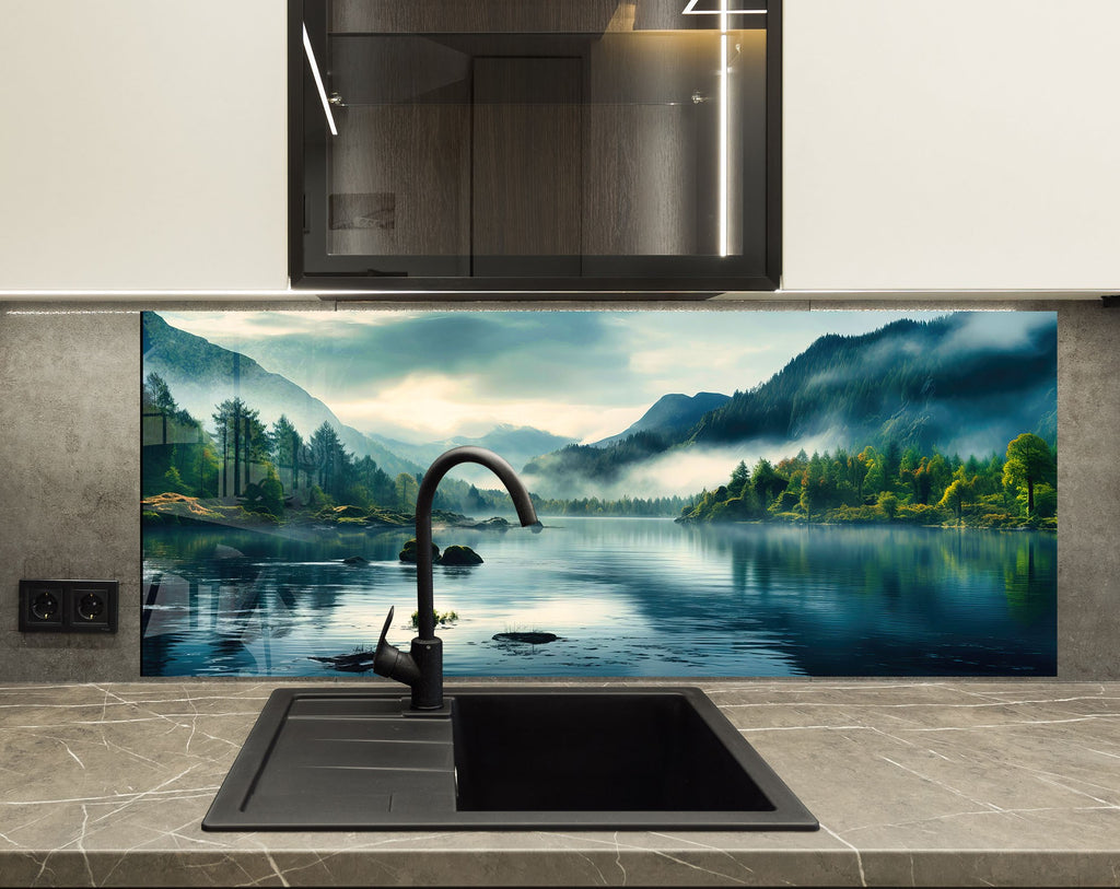 Misty Mountain Lake Wall Art - Tempered Glass Kitchen Backsplash-BacksplashArtworks