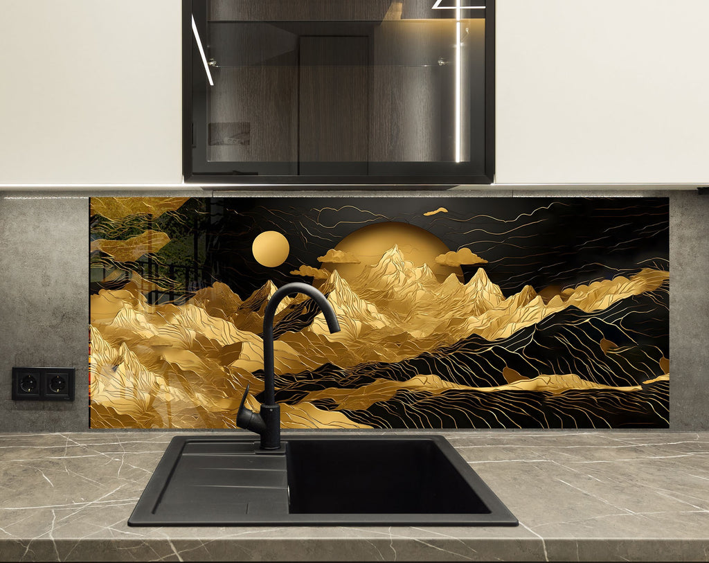 Golden Mountain Elegance Wall Art - Tempered Glass Kitchen Backsplash-BacksplashArtworks