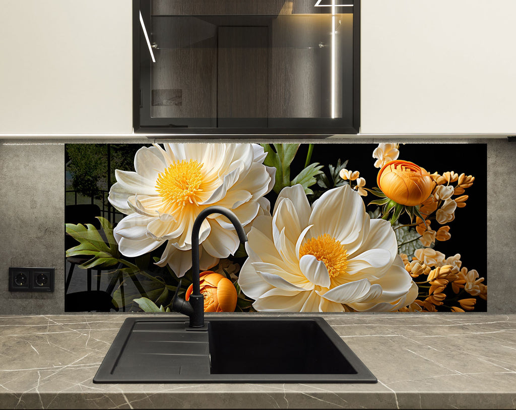 Golden Bloom Elegance - Glass Kitchen Backsplash-BacksplashArtworks