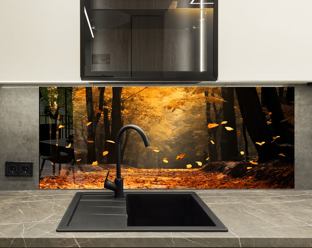 Golden Autumn Path Wall Art - Tempered Glass Kitchen Backsplash-BacksplashArtworks