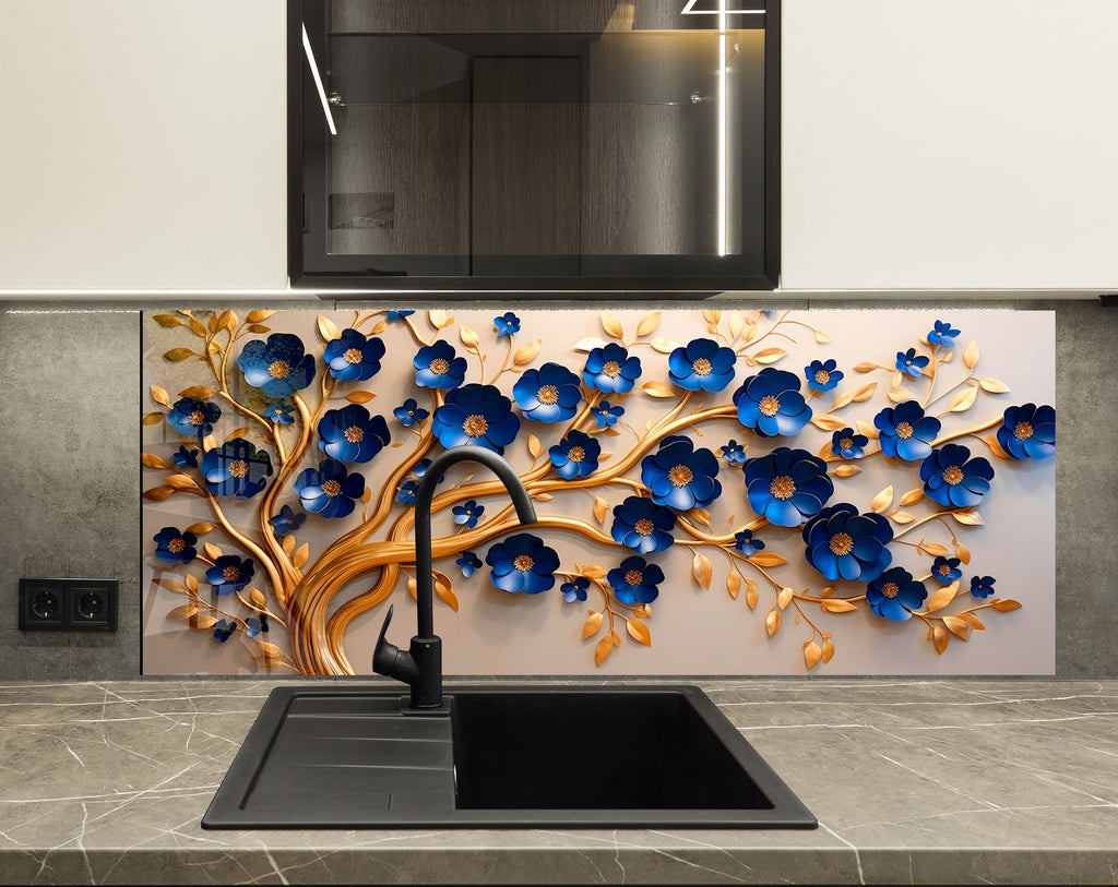 Golden Sapphire Blossom - Glass Kitchen Backsplash-BacksplashArtworks