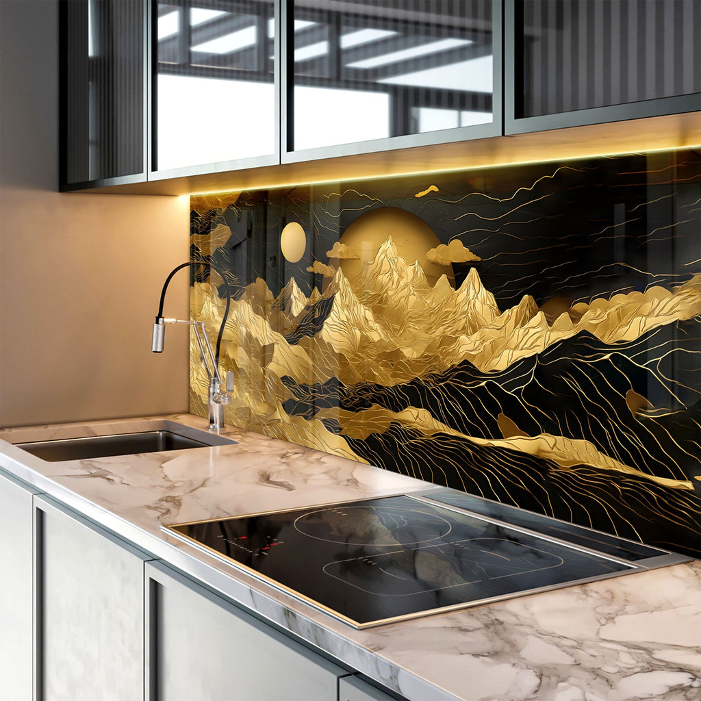 Golden Mountain Elegance Wall Art - Tempered Glass Kitchen Backsplash-BacksplashArtworks