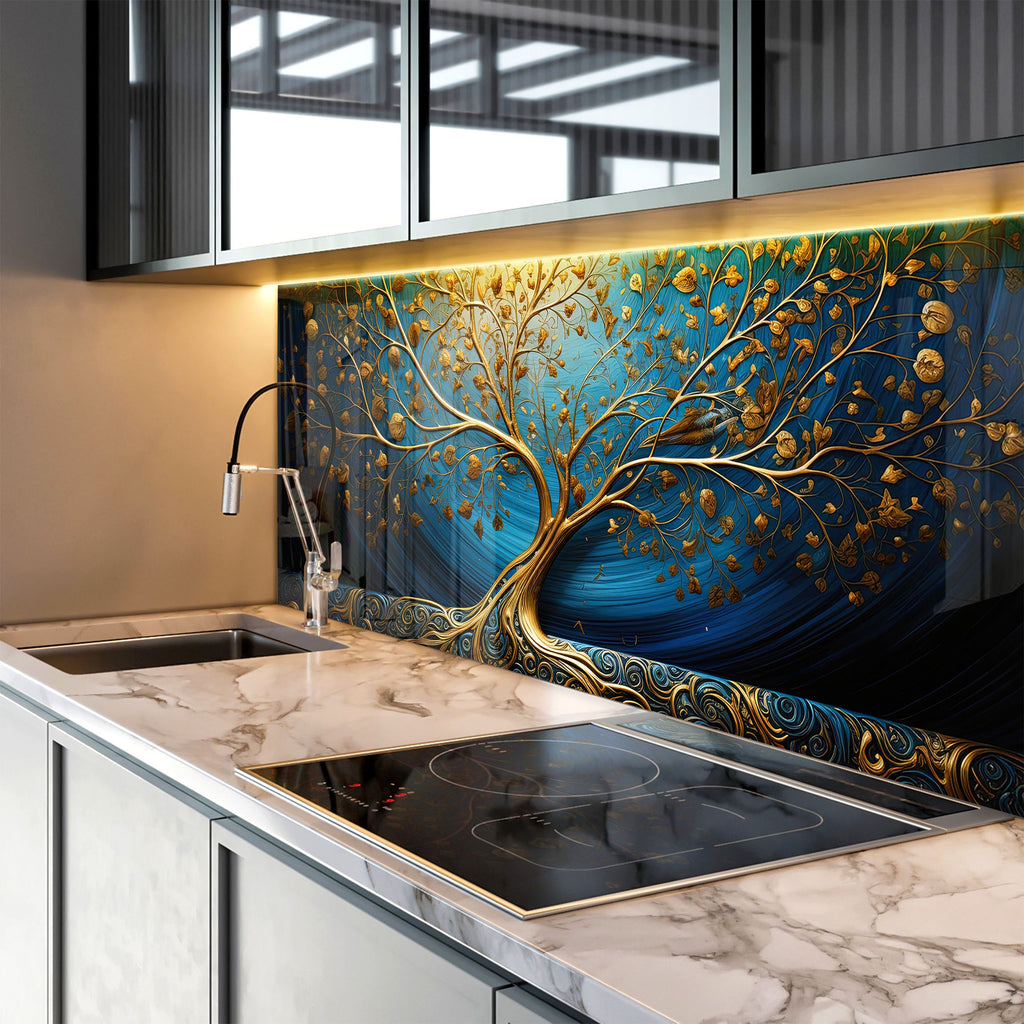 Gold & Blue Tree of Life - Glass Kitchen Backsplash-BacksplashArtworks