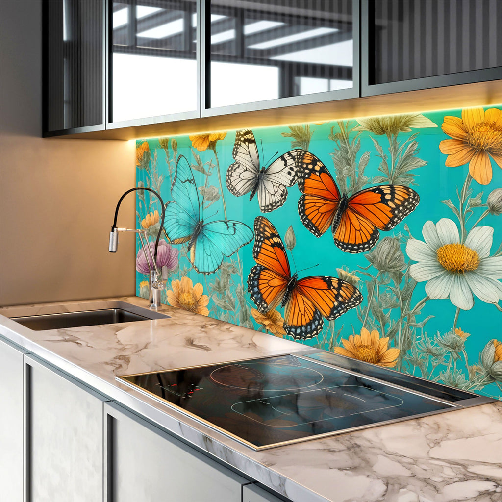 Butterfly Floral - Glass Kitchen Backsplash-BacksplashArtworks