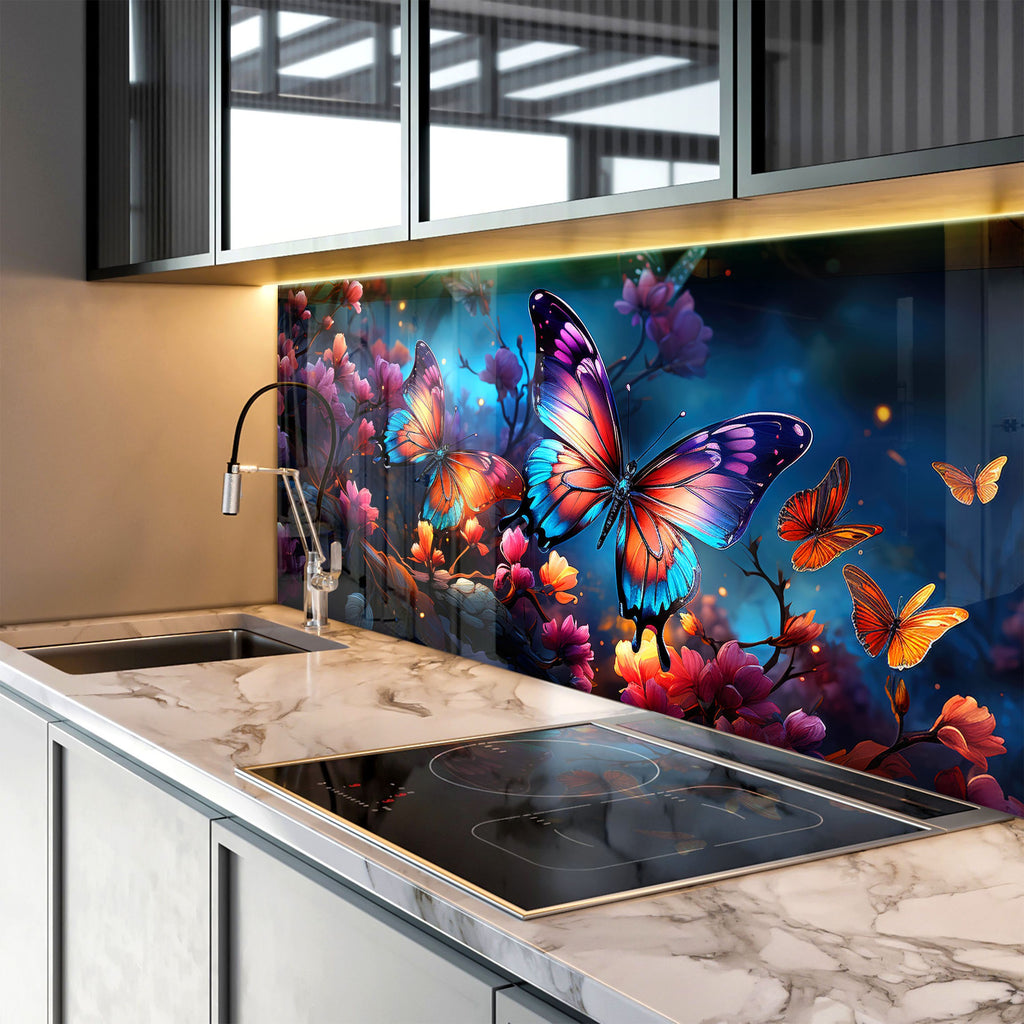 Purple Butterfly - Tempered Glass Kitchen Backsplash-BacksplashArtworks