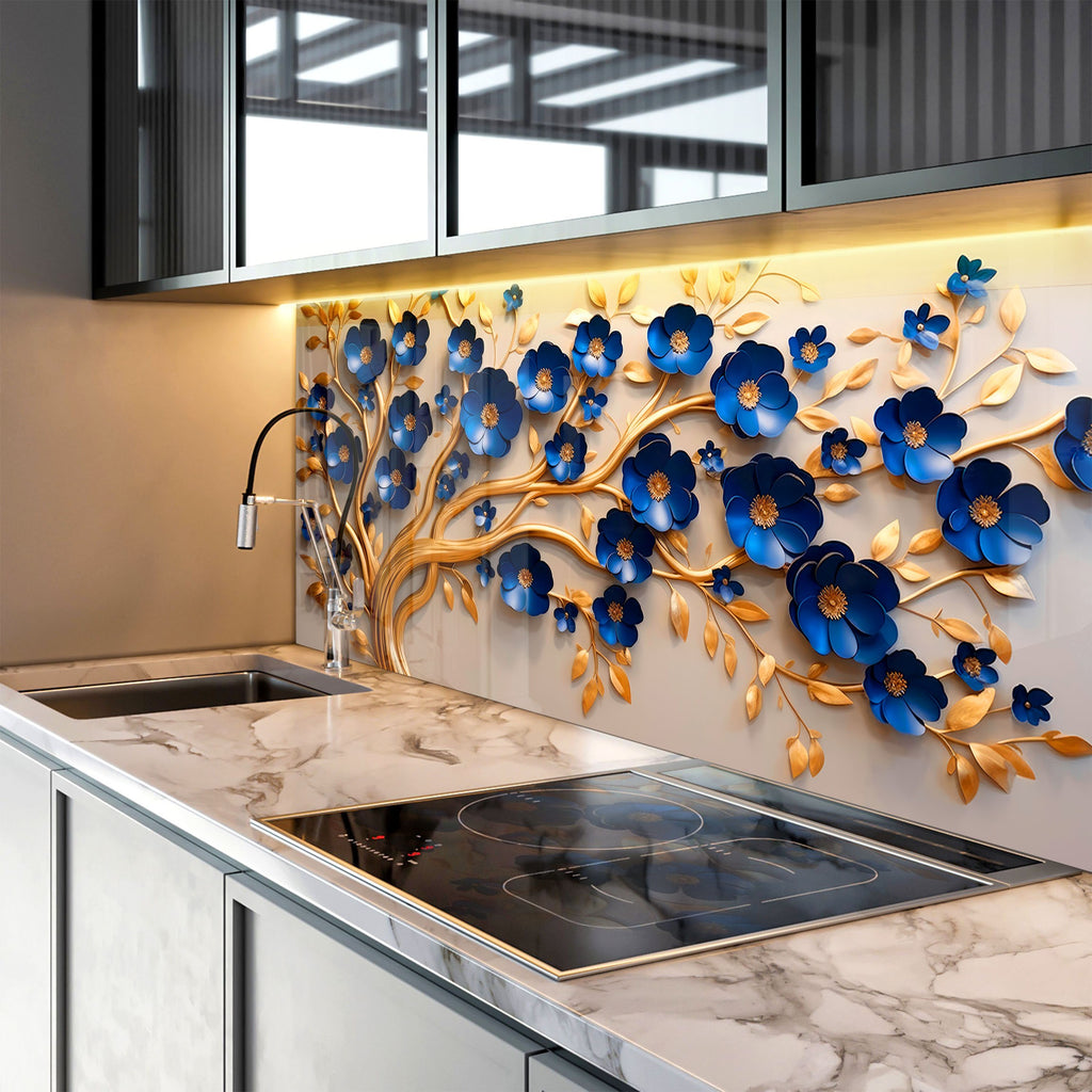 Golden Sapphire Blossom - Glass Kitchen Backsplash-BacksplashArtworks