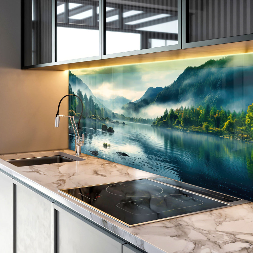 Misty Mountain Lake Wall Art - Tempered Glass Kitchen Backsplash-BacksplashArtworks