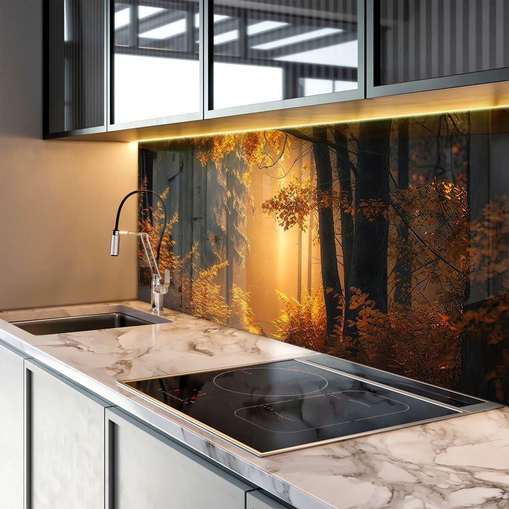 Golden Forest Glow Wall Art - Tempered Glass Kitchen Backsplash-BacksplashArtworks