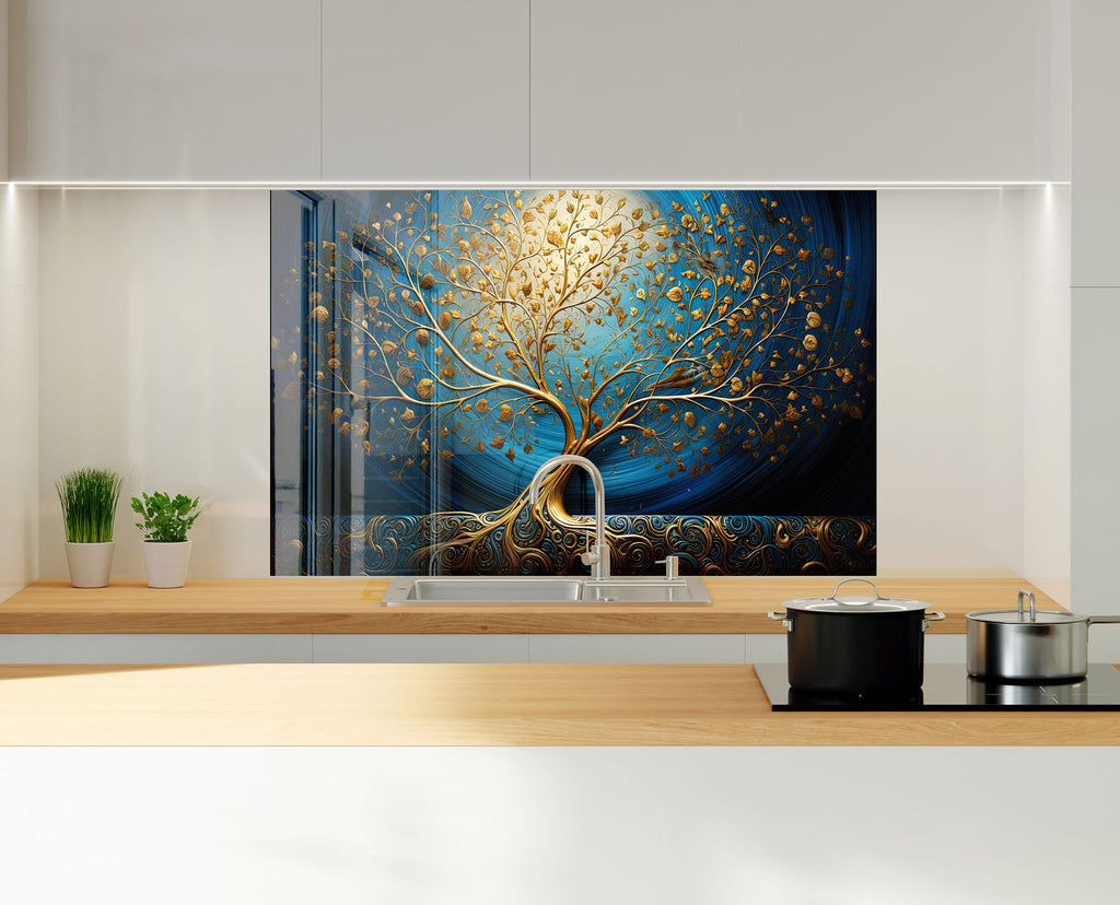 Gold & Blue Tree of Life - Glass Kitchen Backsplash-BacksplashArtworks