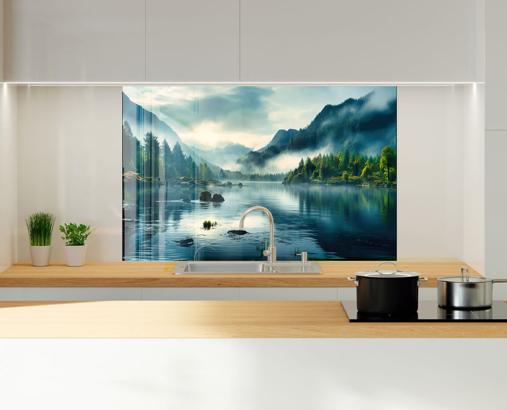 Misty Mountain Lake Wall Art - Tempered Glass Kitchen Backsplash-BacksplashArtworks