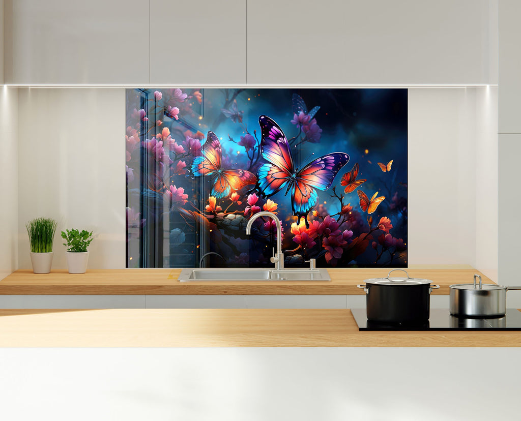 Purple Butterfly - Tempered Glass Kitchen Backsplash-BacksplashArtworks