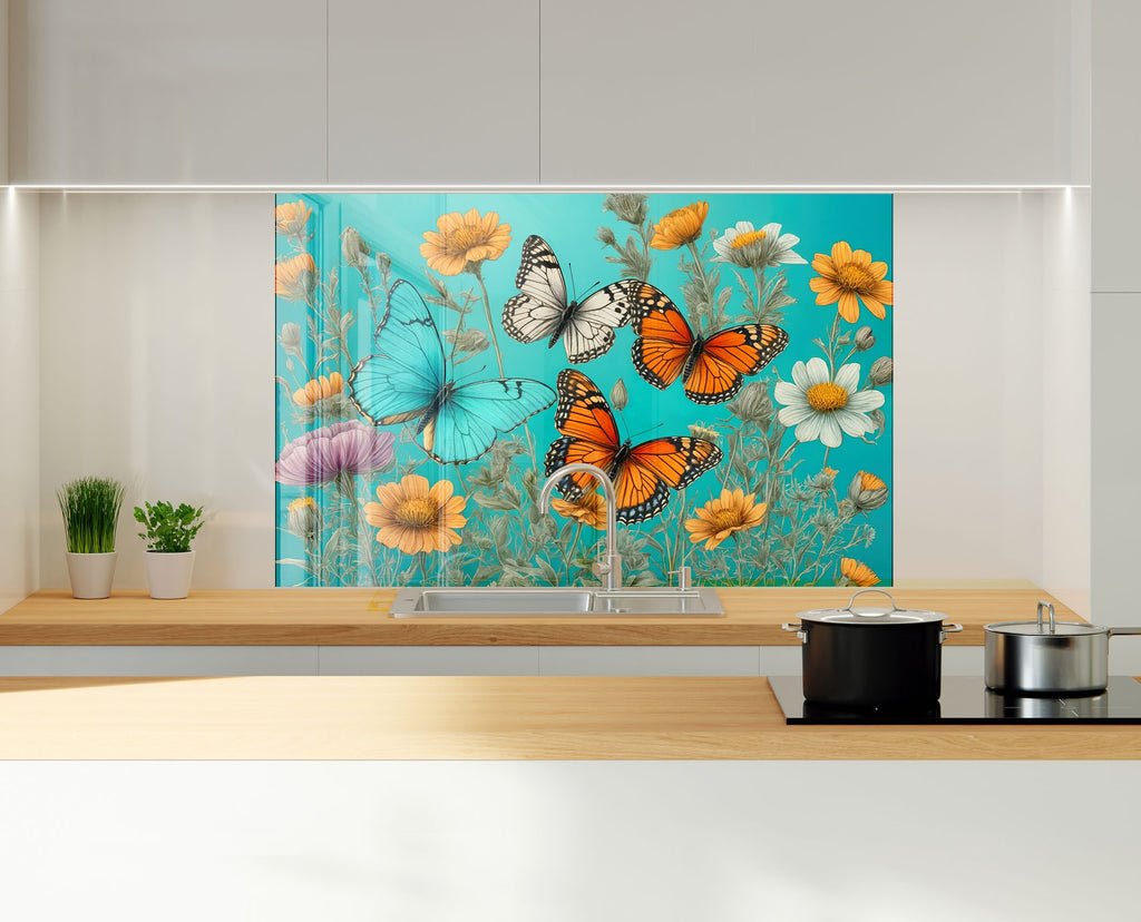 Butterfly Floral - Glass Kitchen Backsplash-BacksplashArtworks