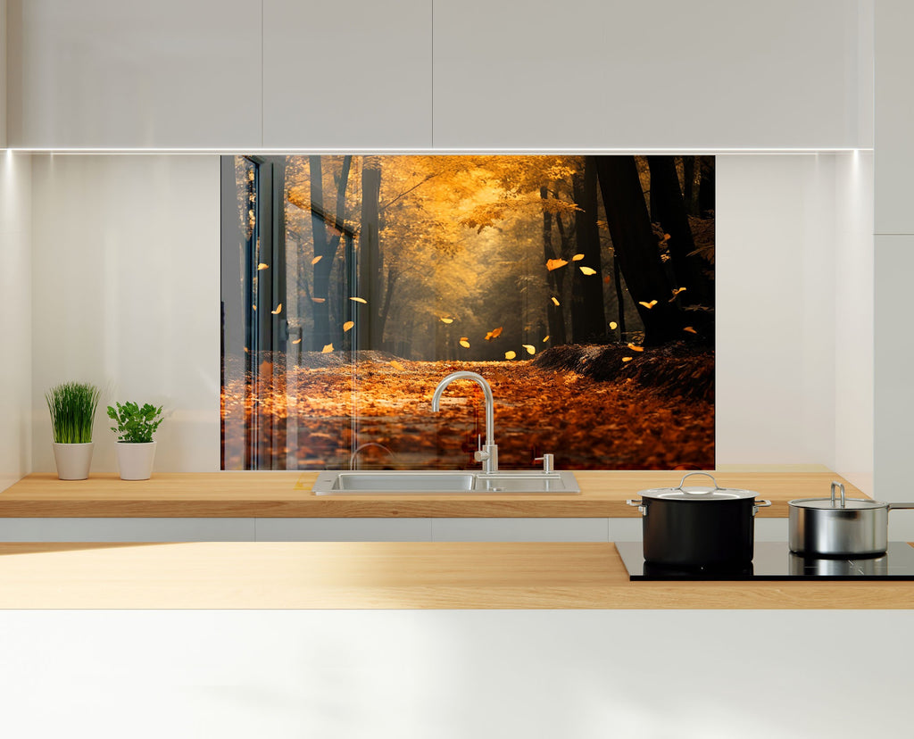 Golden Autumn Path Wall Art - Tempered Glass Kitchen Backsplash-BacksplashArtworks