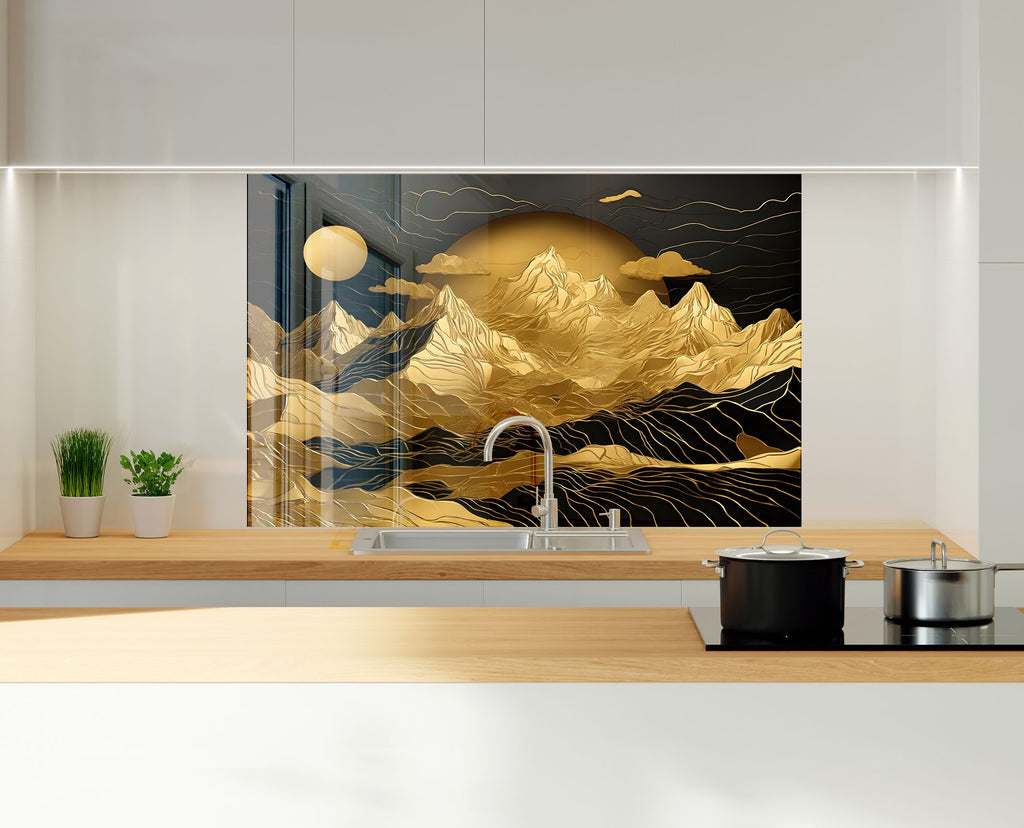 Golden Mountain Elegance Wall Art - Tempered Glass Kitchen Backsplash-BacksplashArtworks