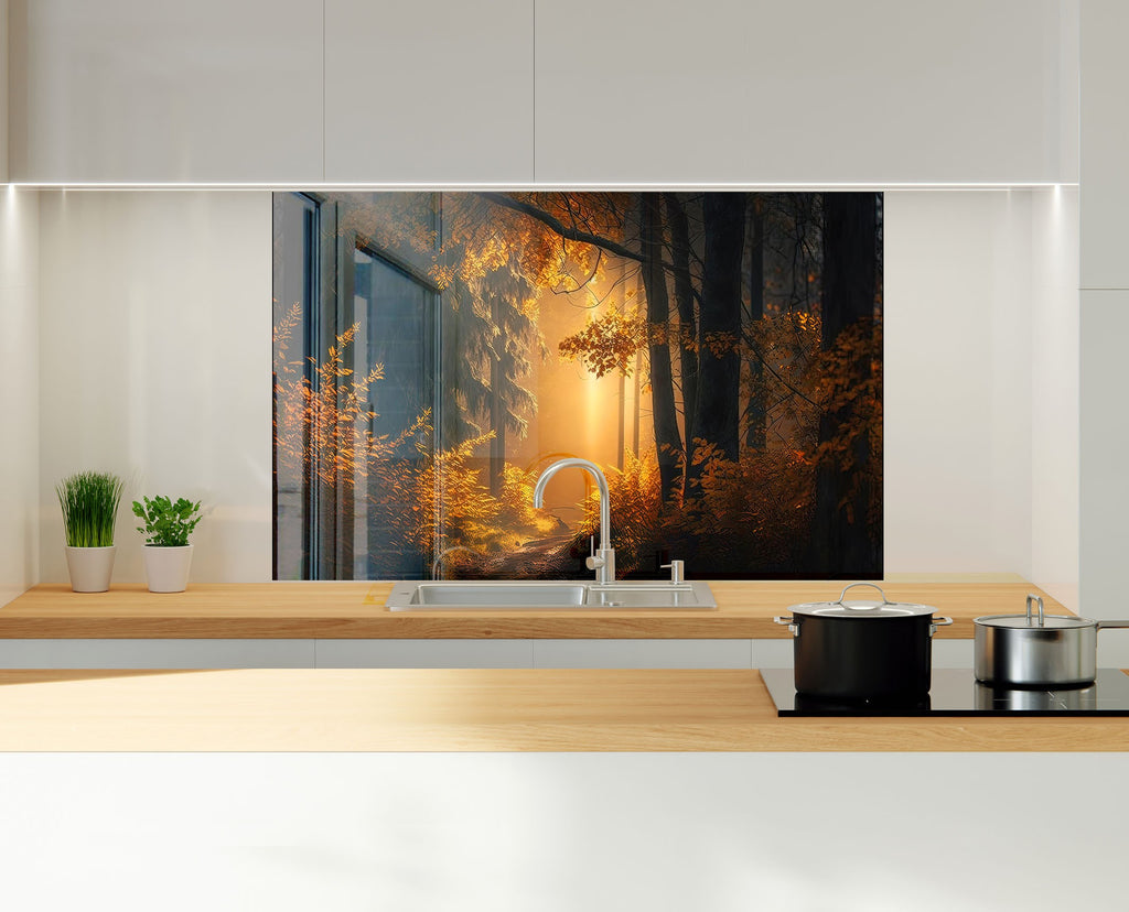 Golden Forest Glow Wall Art - Tempered Glass Kitchen Backsplash-BacksplashArtworks