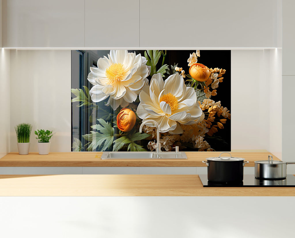Golden Bloom Elegance - Glass Kitchen Backsplash-BacksplashArtworks
