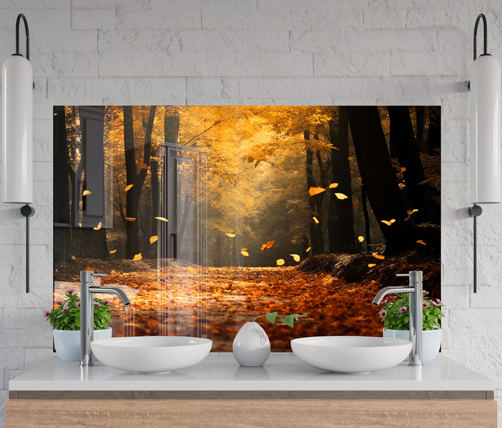 Golden Autumn Path Wall Art - Tempered Glass Kitchen Backsplash-BacksplashArtworks