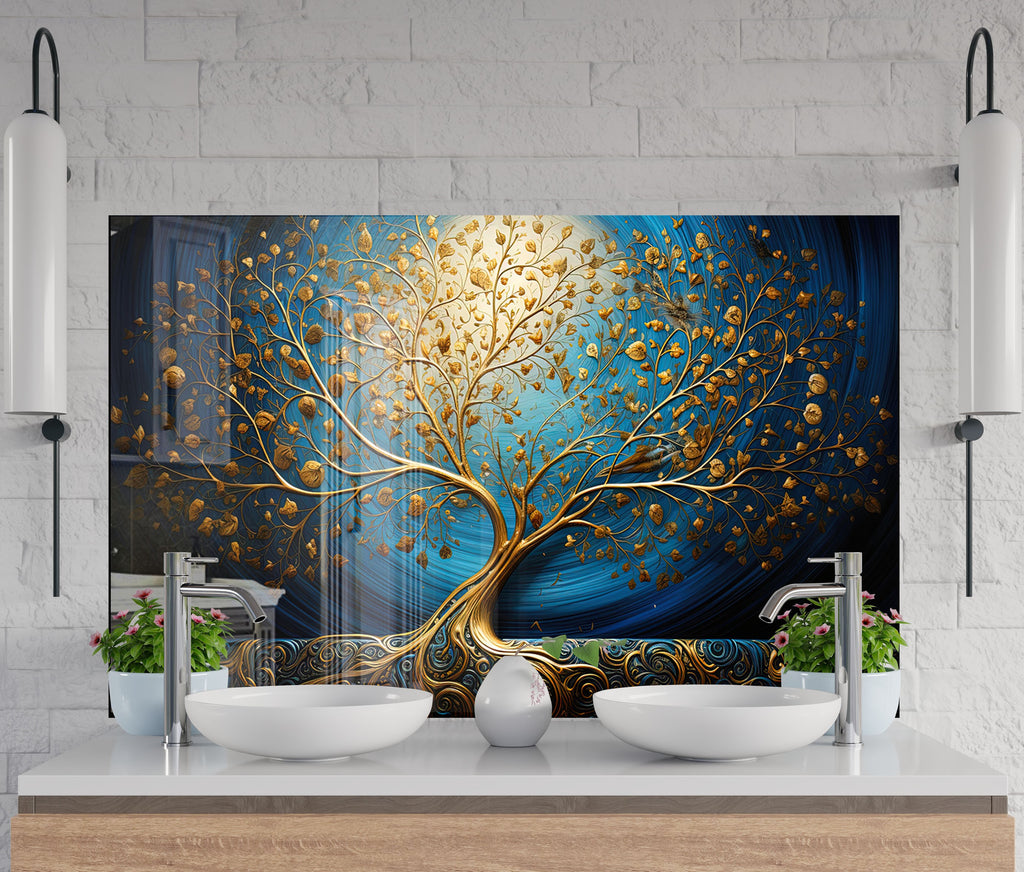 Gold & Blue Tree of Life - Glass Kitchen Backsplash-BacksplashArtworks