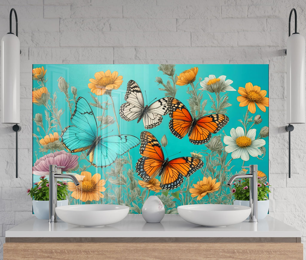 Butterfly Floral - Glass Kitchen Backsplash-BacksplashArtworks