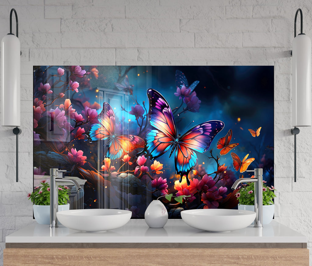 Purple Butterfly - Tempered Glass Kitchen Backsplash-BacksplashArtworks