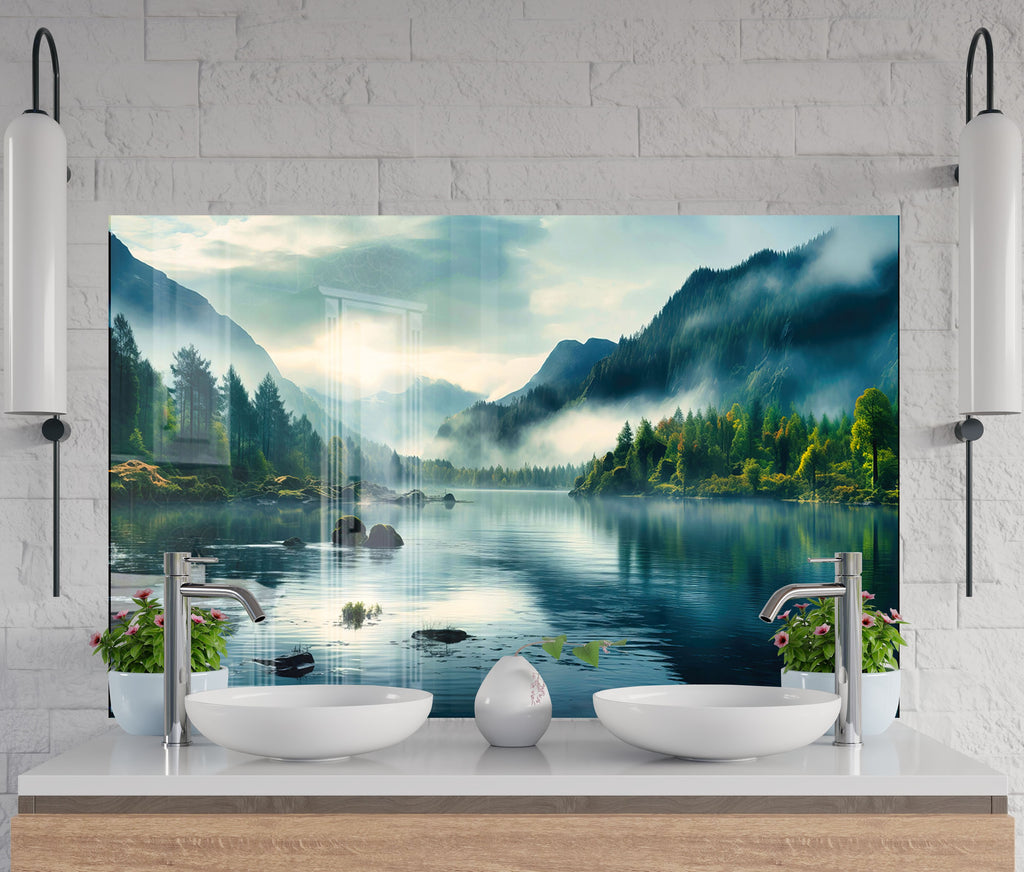 Misty Mountain Lake Wall Art - Tempered Glass Kitchen Backsplash-BacksplashArtworks