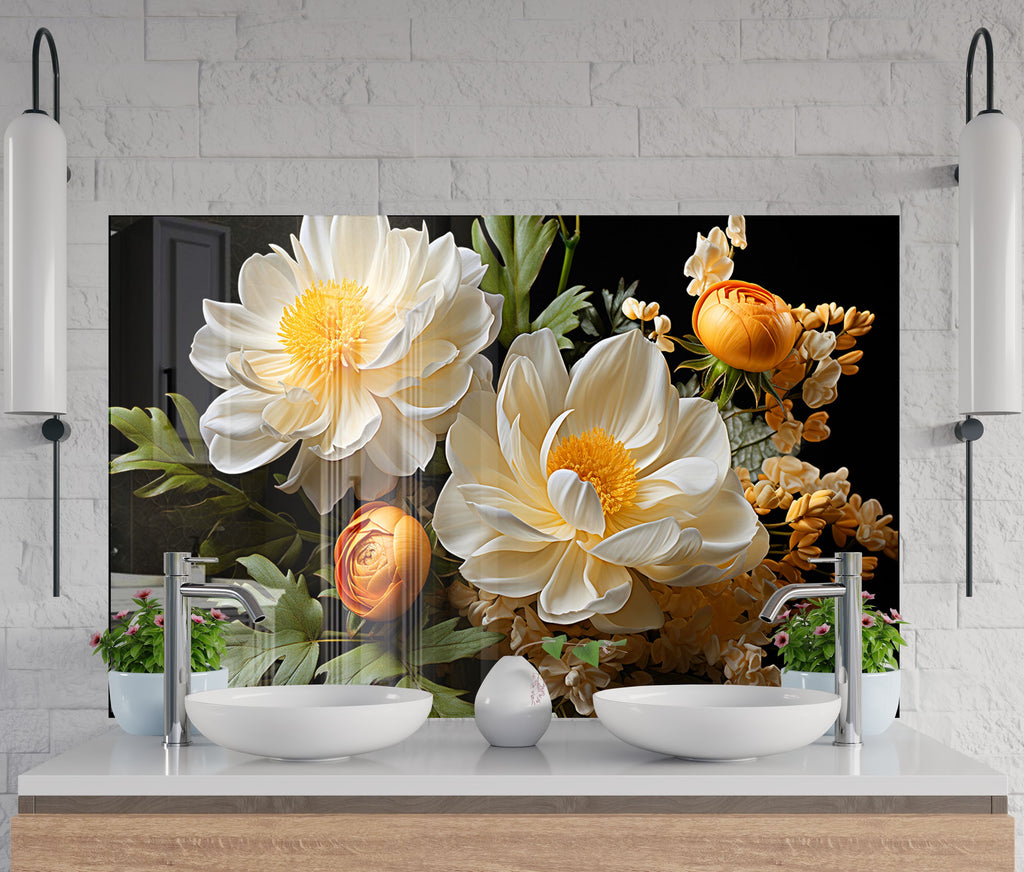 Golden Bloom Elegance - Glass Kitchen Backsplash-BacksplashArtworks
