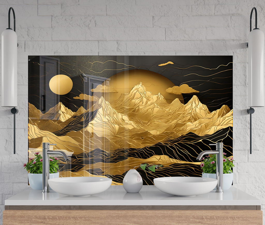 Golden Mountain Elegance Wall Art - Tempered Glass Kitchen Backsplash-BacksplashArtworks