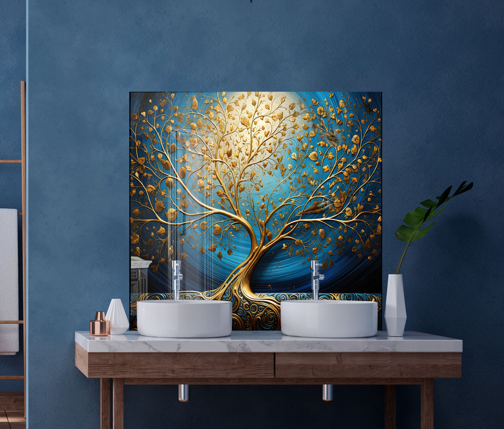 Gold & Blue Tree of Life - Glass Kitchen Backsplash-BacksplashArtworks