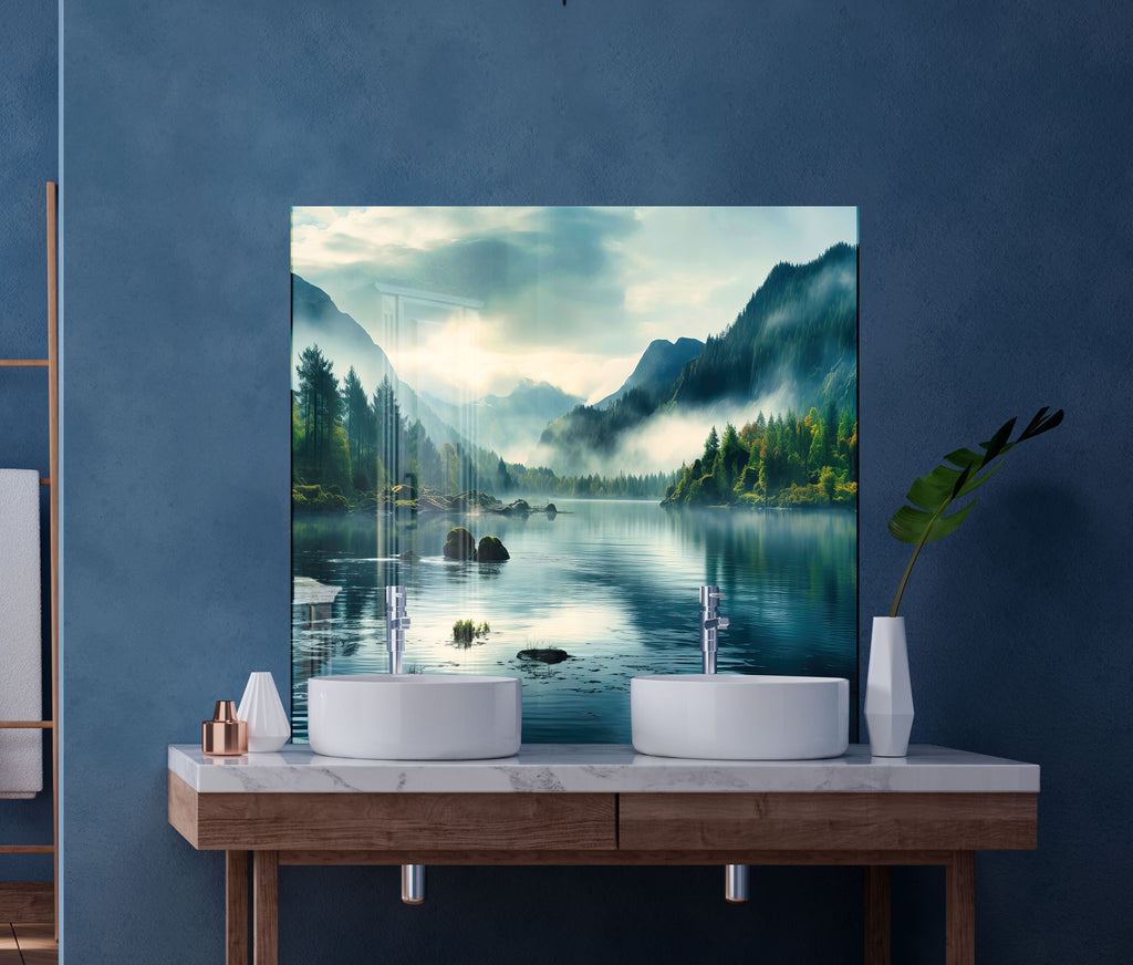 Misty Mountain Lake Wall Art - Tempered Glass Kitchen Backsplash-BacksplashArtworks