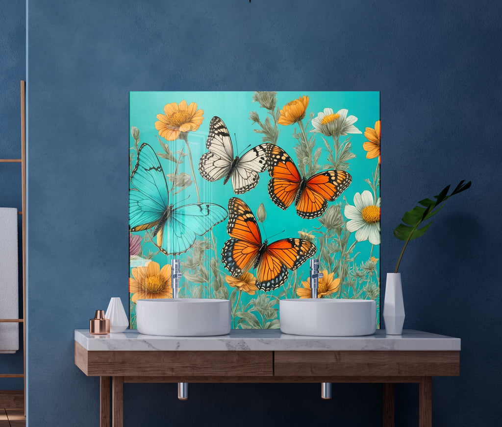 Butterfly Floral - Glass Kitchen Backsplash-BacksplashArtworks