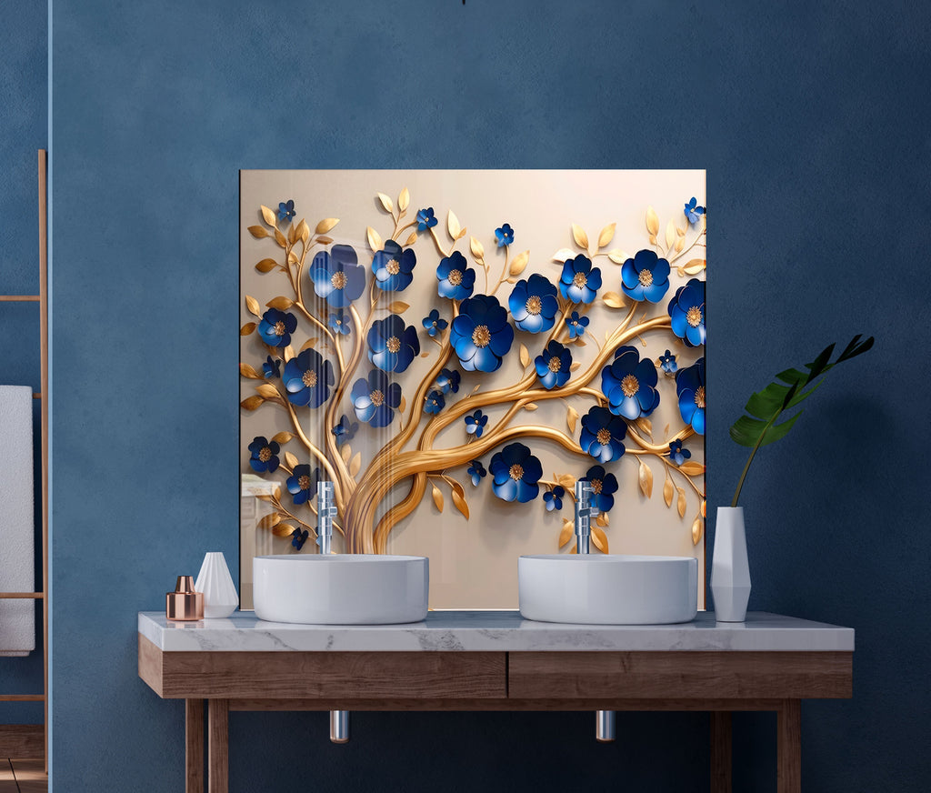 Golden Sapphire Blossom - Glass Kitchen Backsplash-BacksplashArtworks