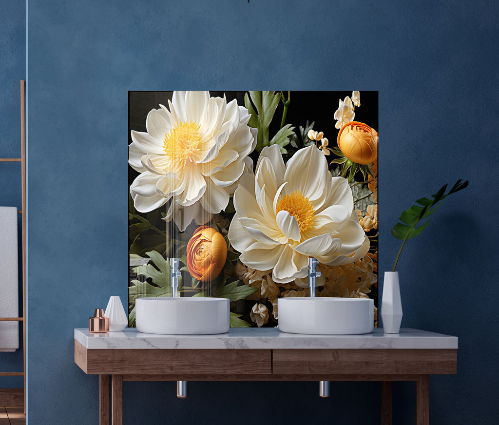 Golden Bloom Elegance - Glass Kitchen Backsplash-BacksplashArtworks
