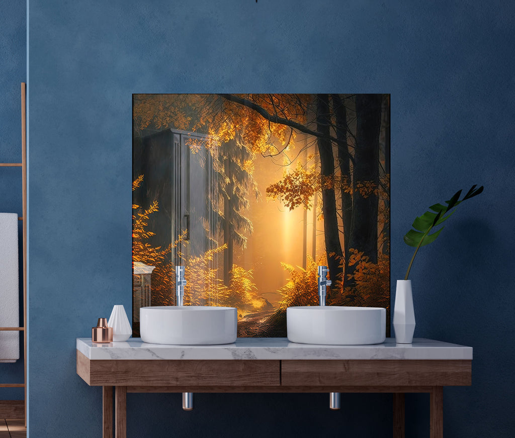 Golden Forest Glow Wall Art - Tempered Glass Kitchen Backsplash-BacksplashArtworks