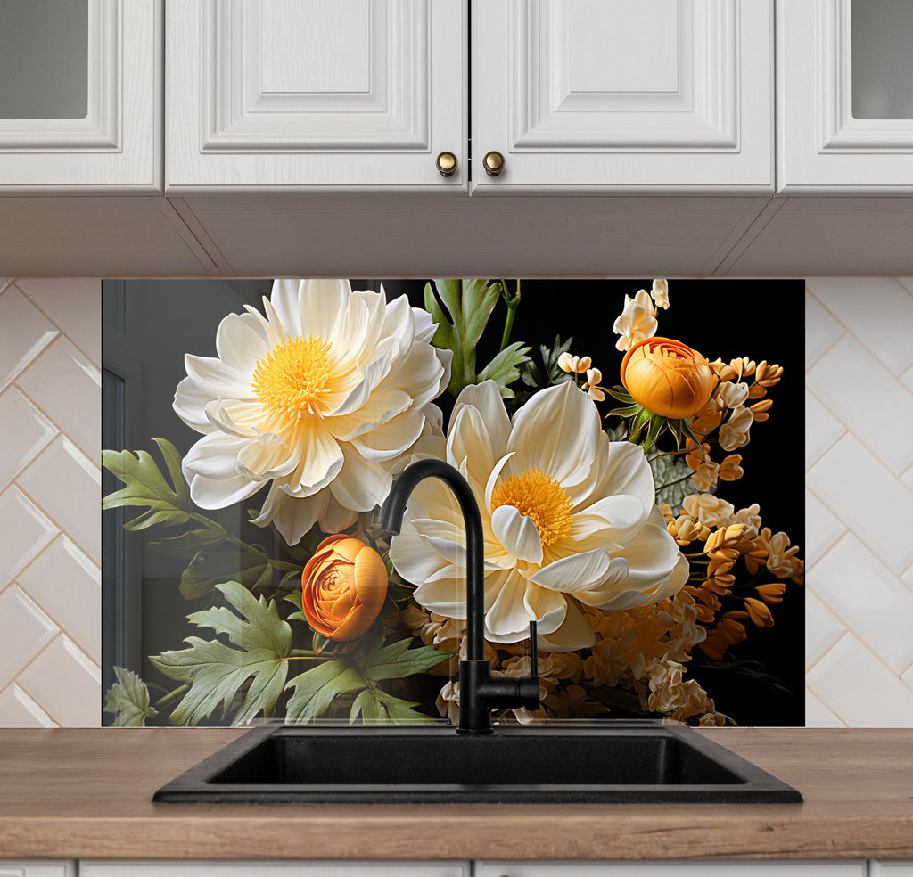 Golden Bloom Elegance - Glass Kitchen Backsplash-BacksplashArtworks
