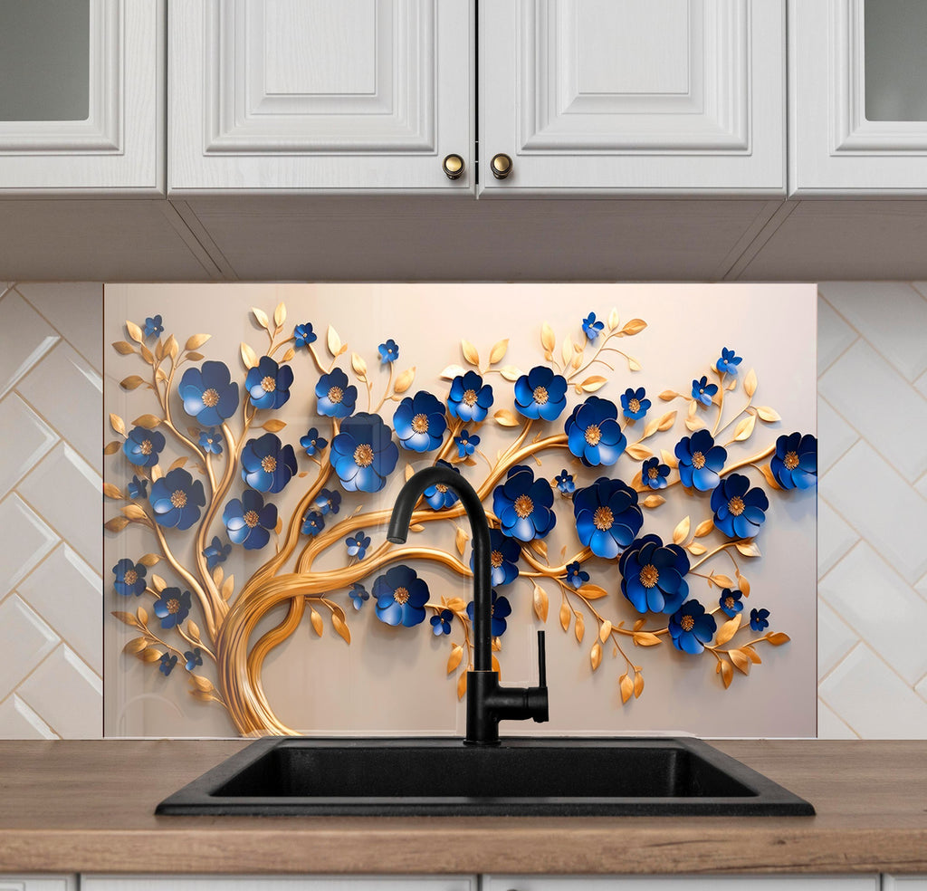 Golden Sapphire Blossom - Glass Kitchen Backsplash-BacksplashArtworks