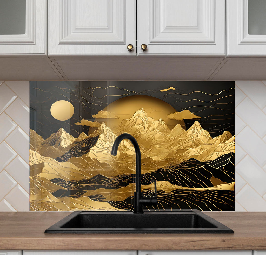 Golden Mountain Elegance Wall Art - Tempered Glass Kitchen Backsplash-BacksplashArtworks