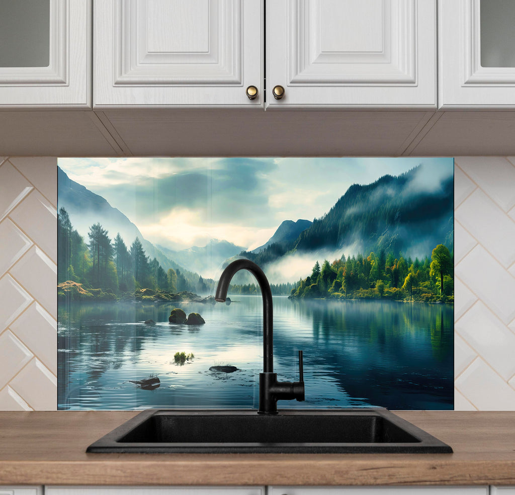 Misty Mountain Lake Wall Art - Tempered Glass Kitchen Backsplash-BacksplashArtworks